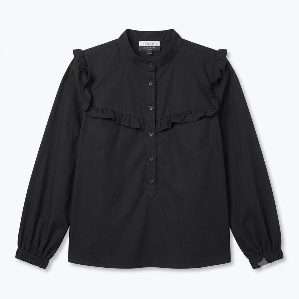 ELOQUII Ruffle Popover Poplin Shirt Black Cotton Button Up Work Office Womens 14